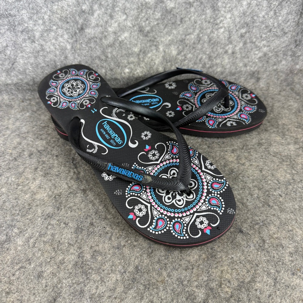 Havaianas Slim Black Paisley Mandala Flip Flops Sandals Womens Size 11